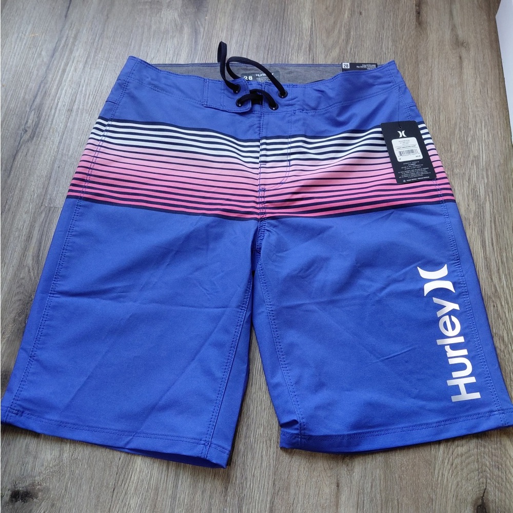 Hurley Men's Blue and Pink Striped Board Shorts